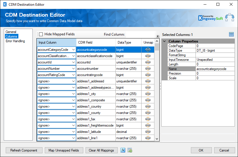 SSIS CDM Destination component - Columns